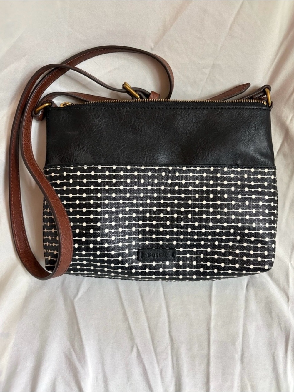 Fossil Black & White Patterned Crossbody with Brown Strap